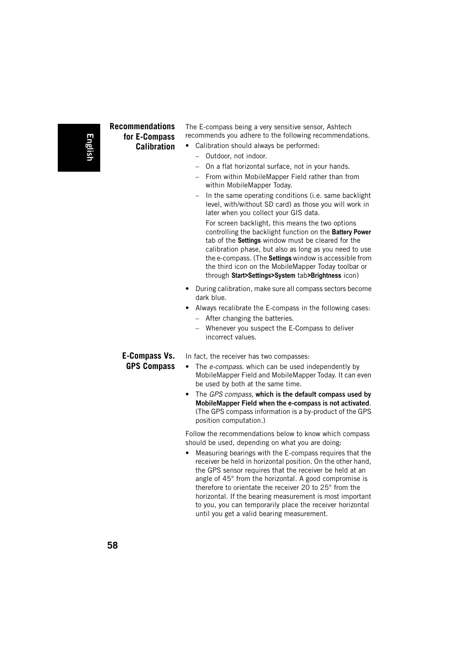 Recommendations for e-compass calibration, E-compass vs. gps compass | Spectra Precision MobileMapper Field & Office Software User Manual | Page 66 / 72