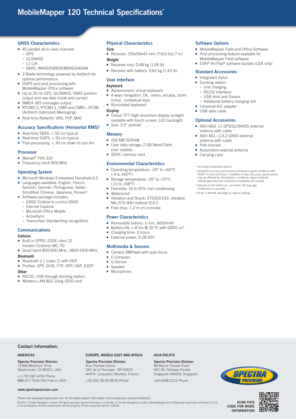 Mobilemapper 120 technical specifications, Gnss characteristics, Accuracy specifications (horizontal rms) | Processor, Operating system, Communications, Physical characteristics, User interface, Environmental characteristics, Power characteristics | Spectra Precision MobileMapper 120 User Manual | Page 4 / 4