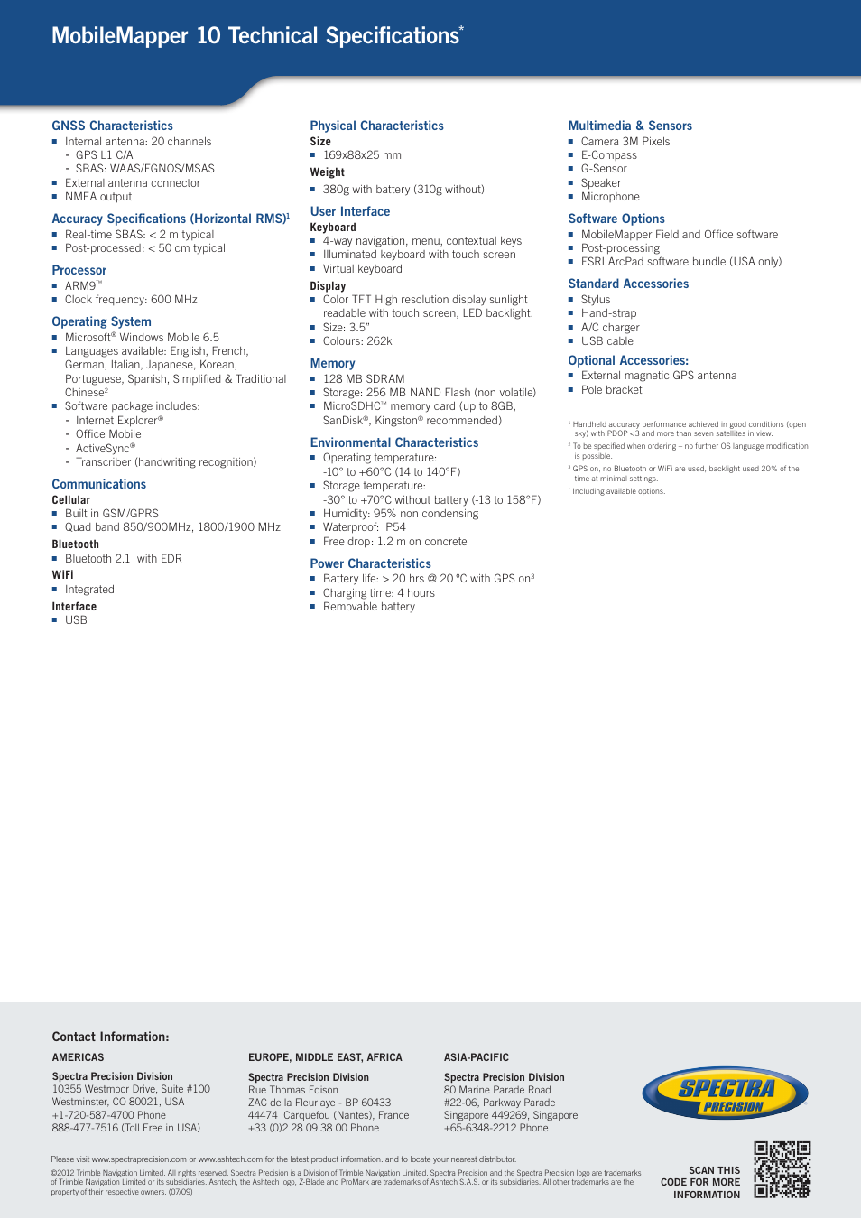 Mobilemapper 10 technical specifications, Gnss characteristics, Accuracy specifications (horizontal rms) | Processor, Operating system, Communications, Physical characteristics, User interface, Environmental characteristics, Power characteristics | Spectra Precision MobileMapper 10 User Manual | Page 4 / 4