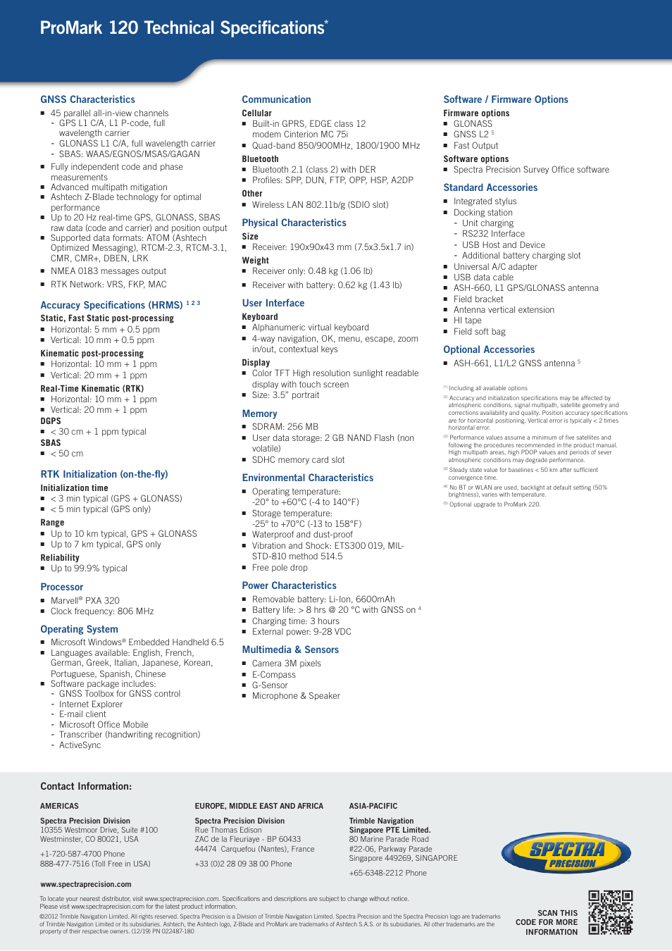 Promark 120 technical specifications, Gnss characteristics, Accuracy specifications (hrms) | Rtk initialization (on-the-fly), Processor, Operating system, Communication, Physical characteristics, User interface, Environmental characteristics | Spectra Precision ProMark 120 DC User Manual | Page 4 / 4
