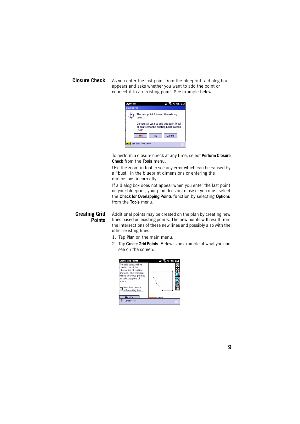 Closure check, Creating grid points, Closure check creating grid points | Spectra Precision Layout Pro Field Software Quick Start Guide User Manual | Page 19 / 44
