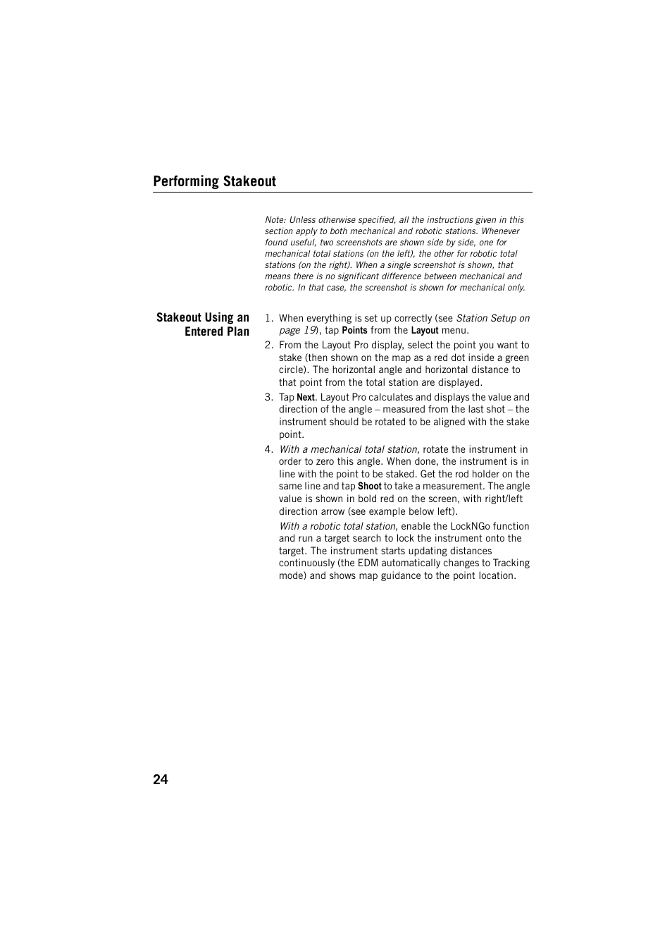 Performing stakeout, Stakeout using an entered plan | Spectra Precision Layout Pro Field Software Quick Start Guide User Manual | Page 34 / 44