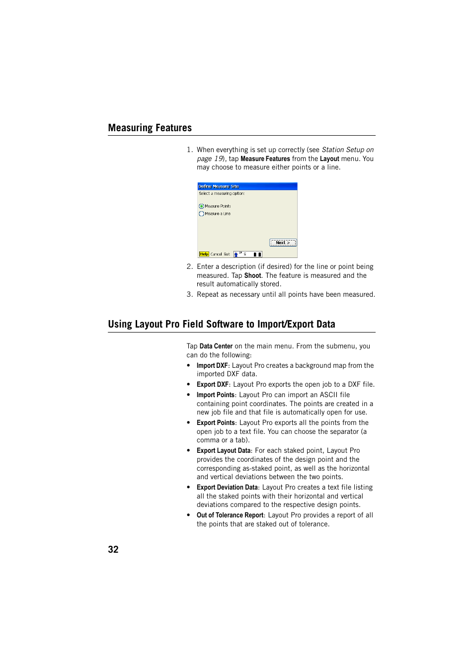 Measuring features | Spectra Precision Layout Pro Field Software Quick Start Guide User Manual | Page 42 / 44