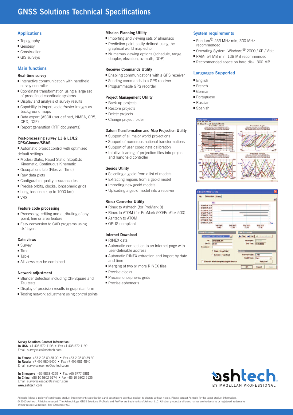 Gnss solutions technical specifications, Applications, Main functions | System requirements, Languages supported | Spectra Precision GNSS Solutions User Manual | Page 2 / 2