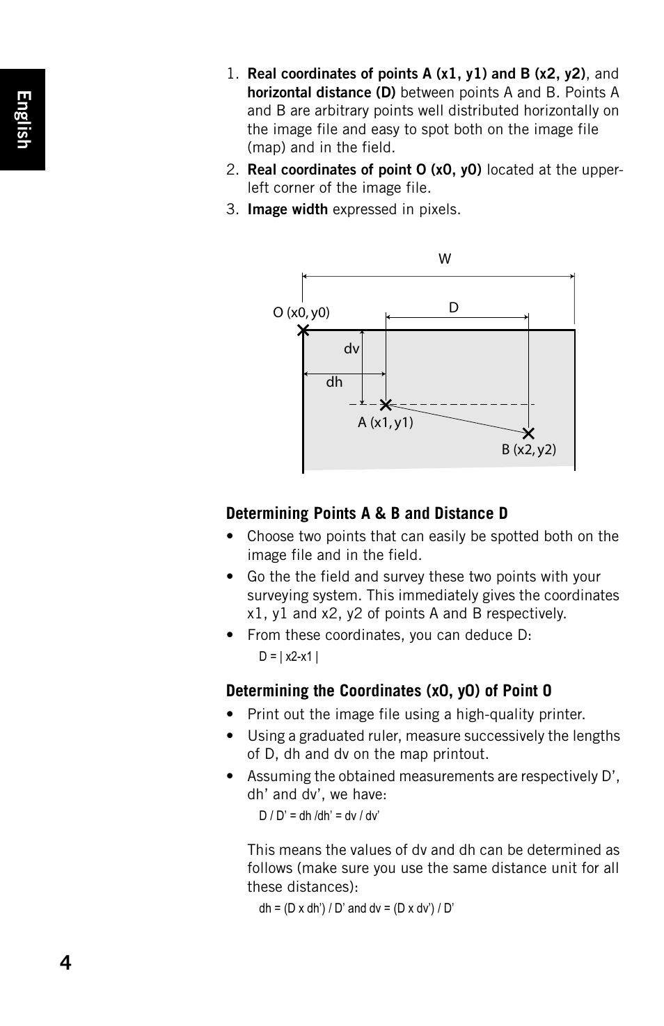 Determining points a & b and distance d, Determining the coordinates (x0, y0) of point o, English | Spectra Precision FAST Survey Using a background map in FAST Survey User Manual | Page 4 / 6