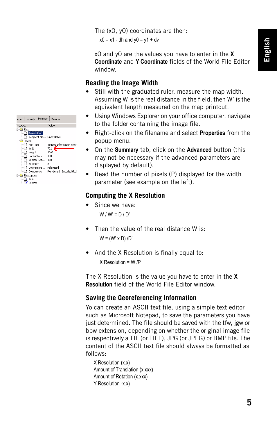 Reading the image width, Computing the x resolution, Saving the georeferencing information | English | Spectra Precision FAST Survey Using a background map in FAST Survey User Manual | Page 5 / 6