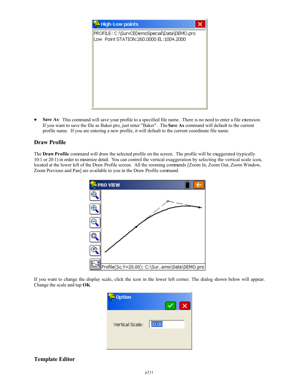 Draw profile, Template editor | Spectra Precision FAST Survey Reference Manual User Manual | Page 233 / 398