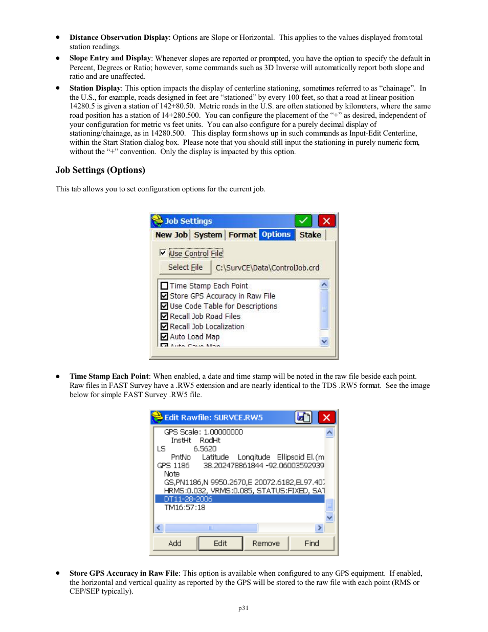 Job settings (options) | Spectra Precision FAST Survey Reference Manual User Manual | Page 33 / 398
