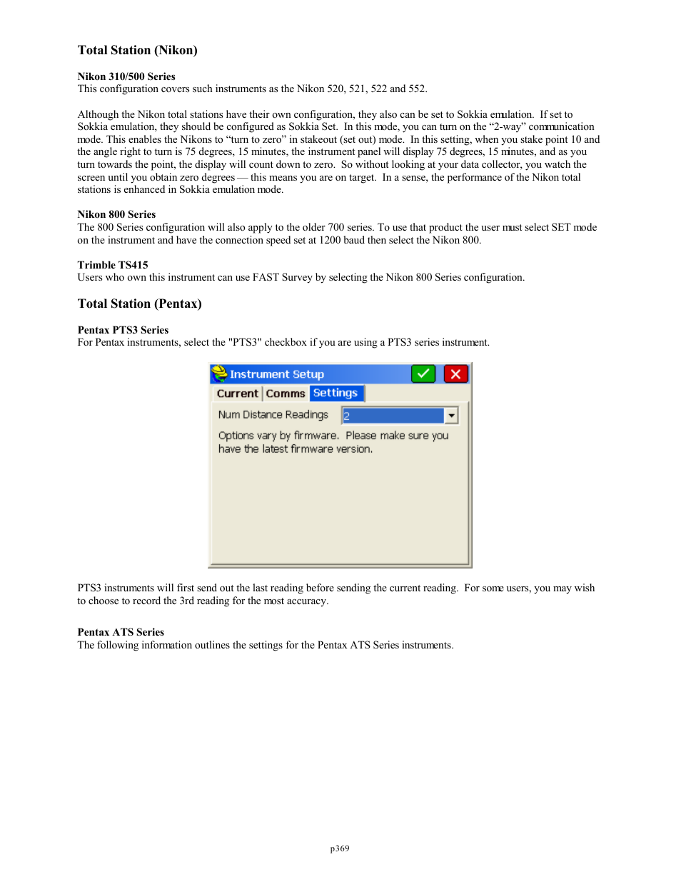 Total station (nikon), Total station (pentax) | Spectra Precision FAST Survey Reference Manual User Manual | Page 371 / 398