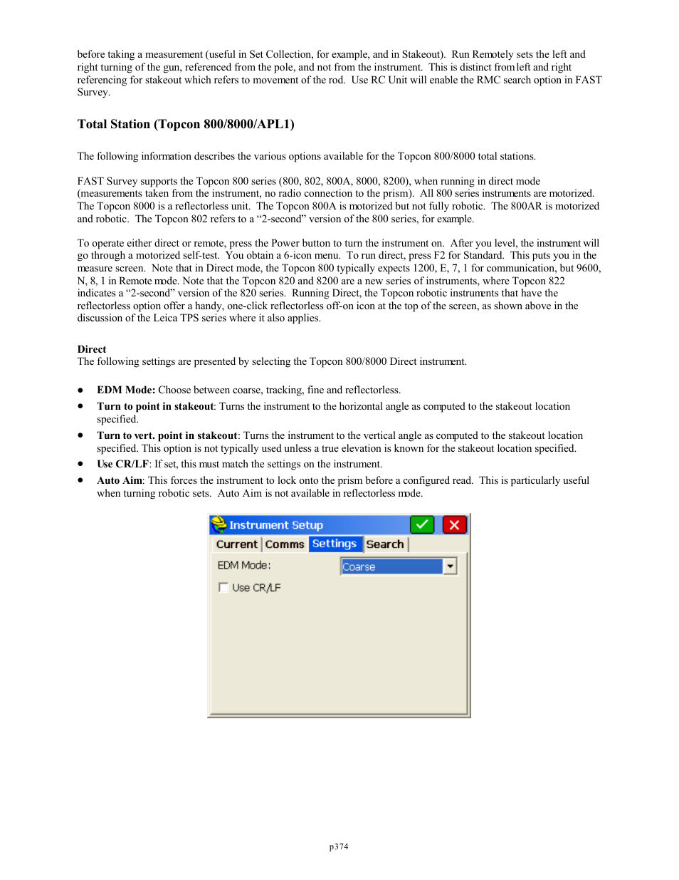 Total station (topcon 800/8000/apl1) | Spectra Precision FAST Survey Reference Manual User Manual | Page 376 / 398