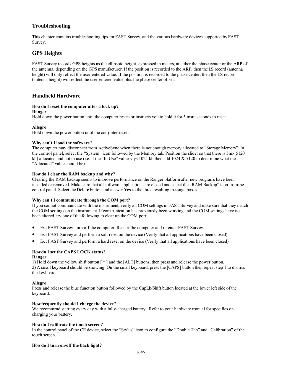 Troubleshooting, Gps heights, Handheld hardware | Spectra Precision FAST Survey Reference Manual User Manual | Page 388 / 398