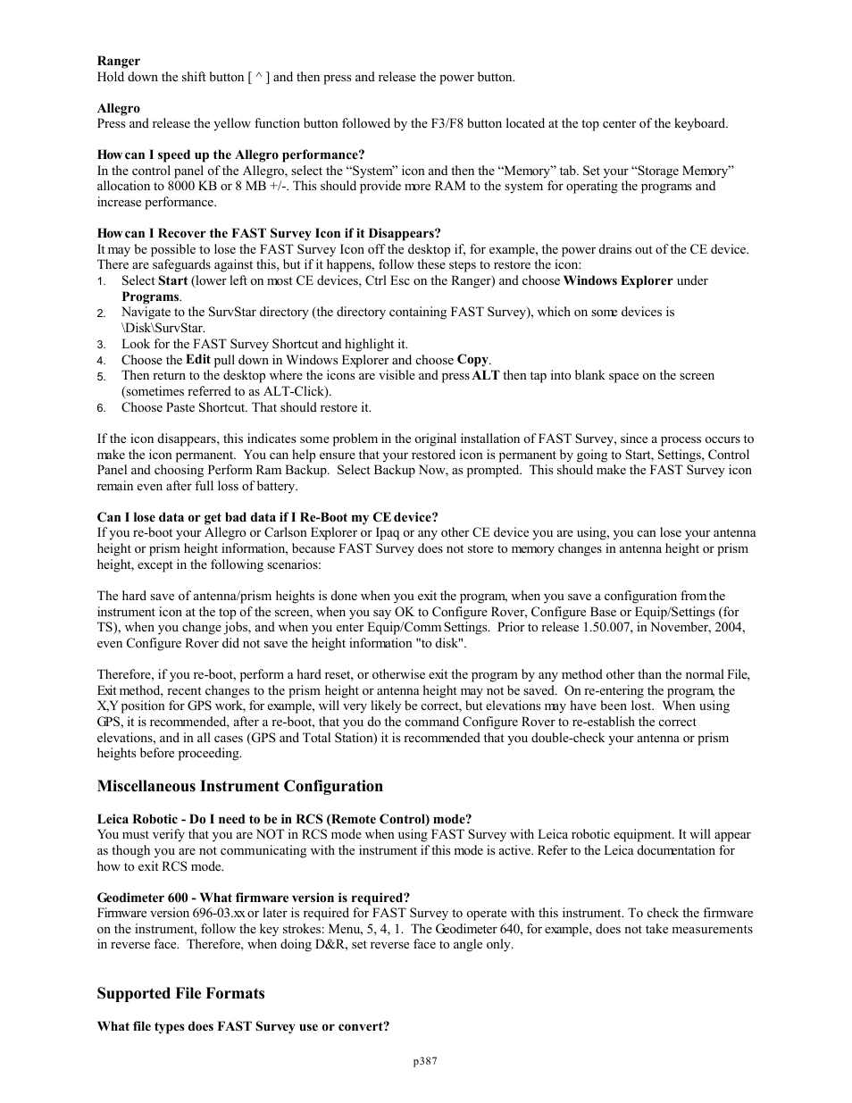 Miscellaneous instrument configuration, Supported file formats | Spectra Precision FAST Survey Reference Manual User Manual | Page 389 / 398