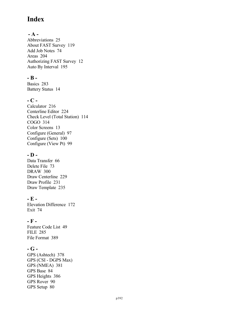 Index | Spectra Precision FAST Survey Reference Manual User Manual | Page 394 / 398