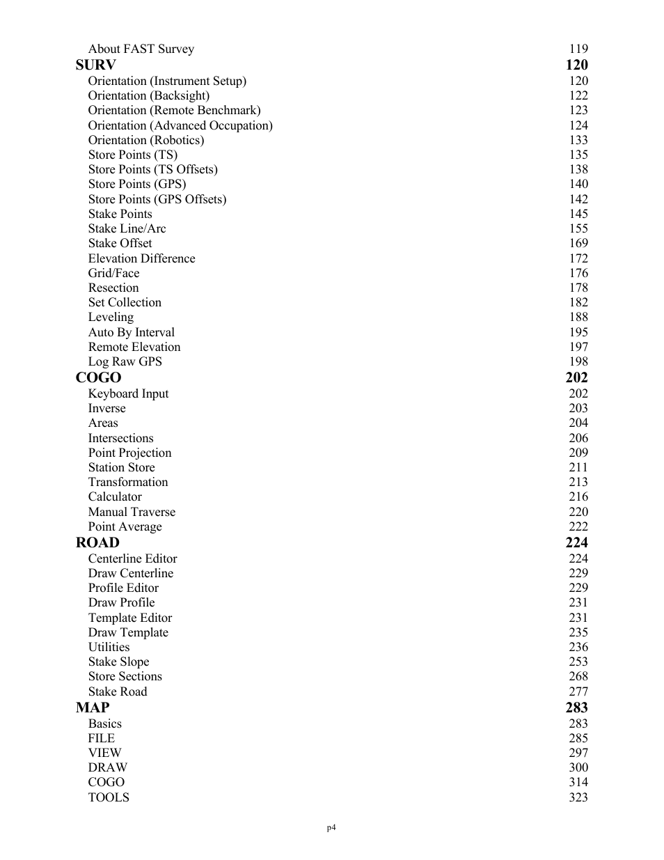 Surv 120, Cogo 202, Road 224 | Map 283 | Spectra Precision FAST Survey Reference Manual User Manual | Page 6 / 398