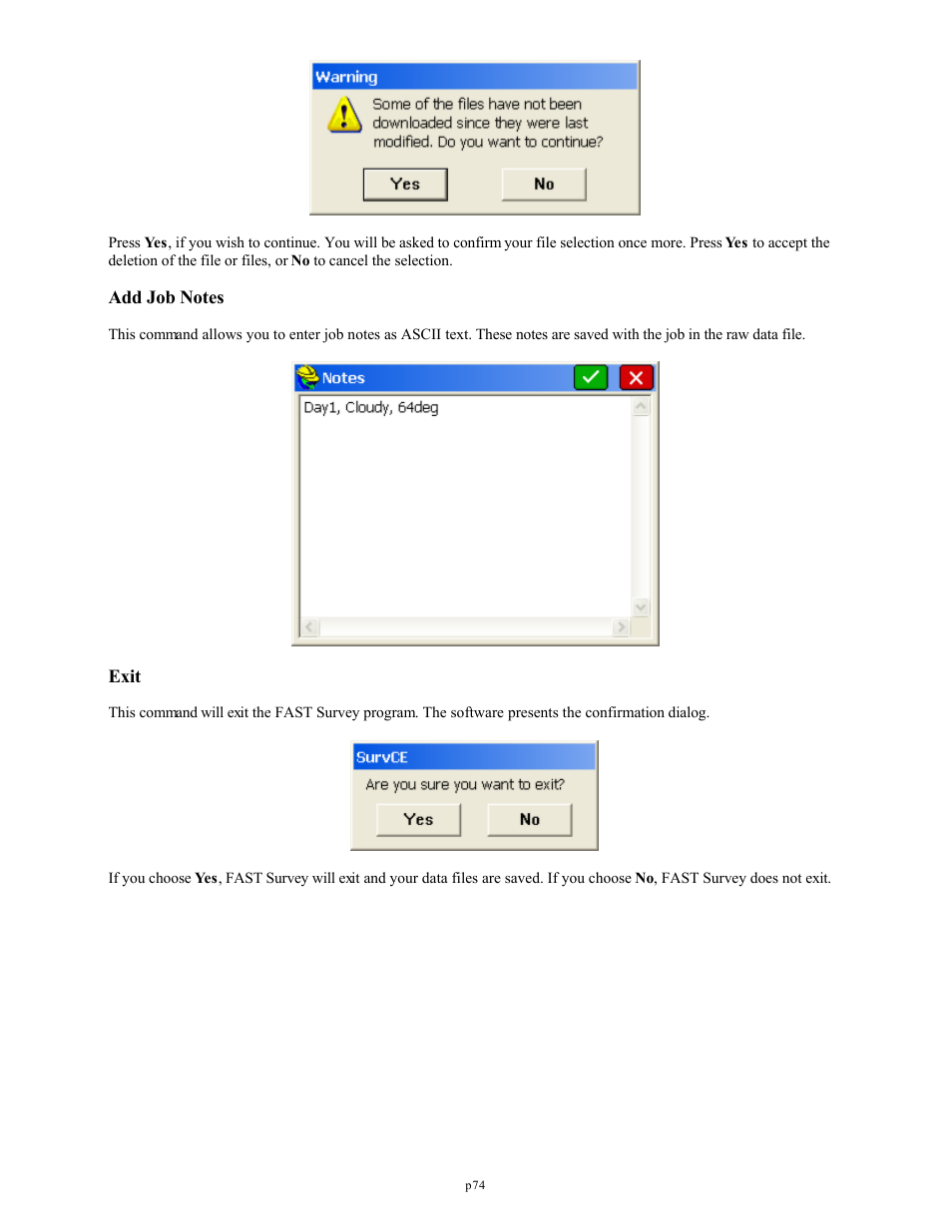 Add job notes, Exit | Spectra Precision FAST Survey Reference Manual User Manual | Page 76 / 398