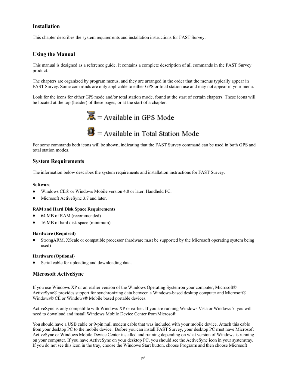 Installation, Using the manual, System requirements | Microsoft activesync | Spectra Precision FAST Survey Reference Manual User Manual | Page 8 / 398