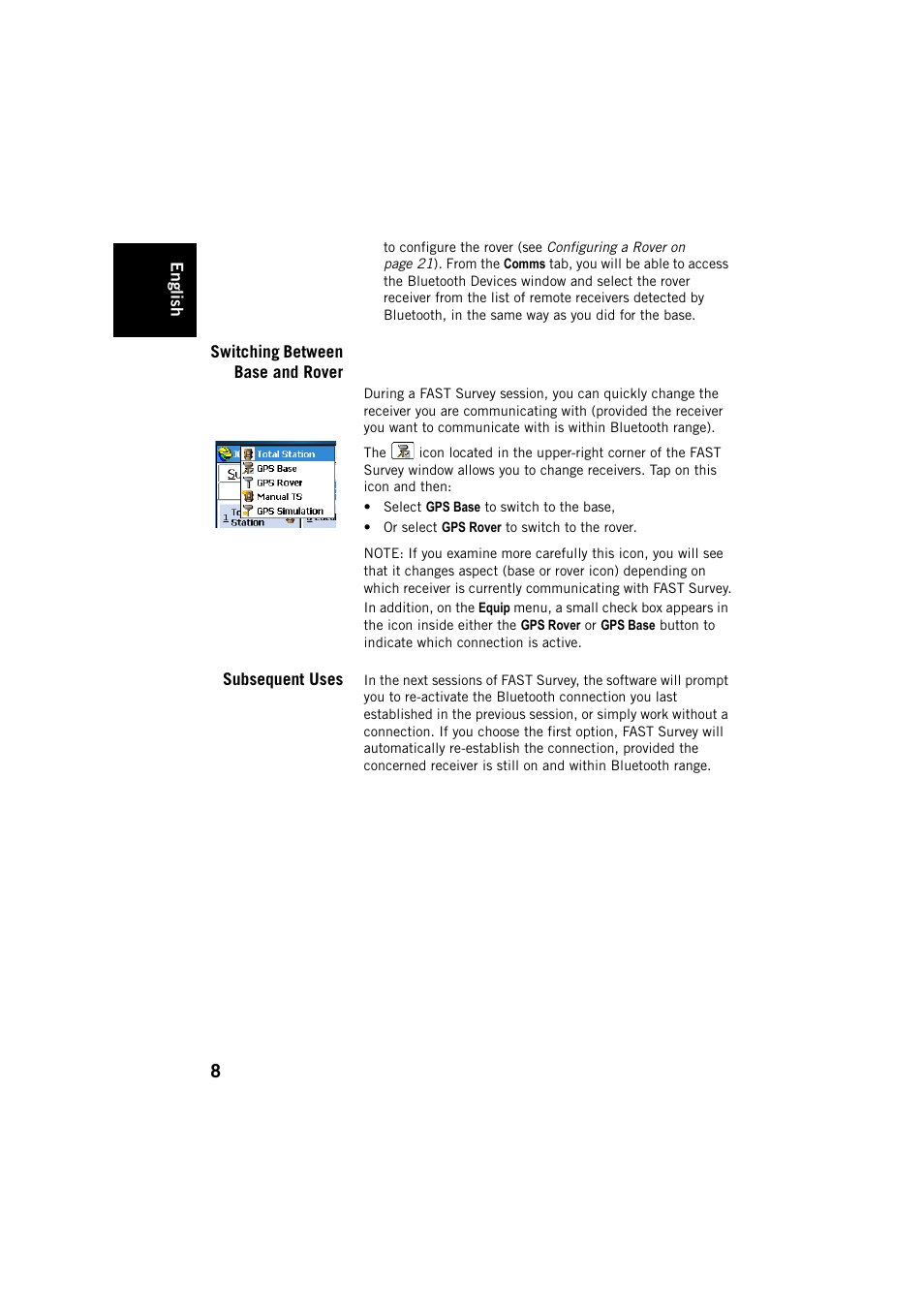 Switching between base and rover, Subsequent uses, Switching between base and rover subsequent uses | Spectra Precision FAST Survey User Manual | Page 16 / 68