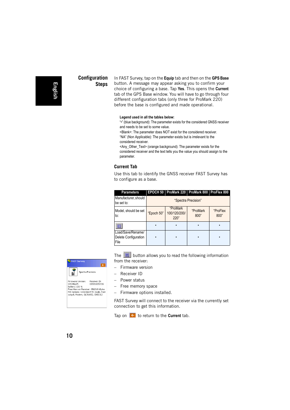 Configuration steps, Current tab, English | Spectra Precision FAST Survey User Manual | Page 18 / 68