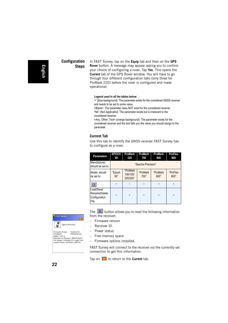 Configuration steps, Current tab, English | Spectra Precision FAST Survey User Manual | Page 30 / 68