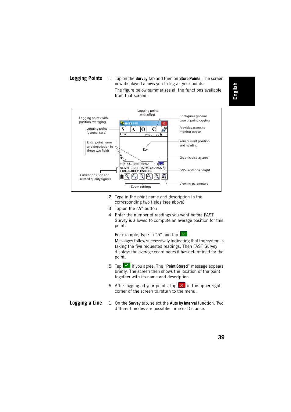 Logging points, Logging a line, Logging points logging a line | Engl ish | Spectra Precision FAST Survey User Manual | Page 47 / 68