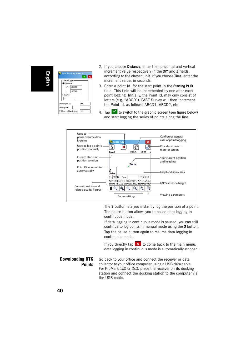 Downloading rtk points, English | Spectra Precision FAST Survey User Manual | Page 48 / 68