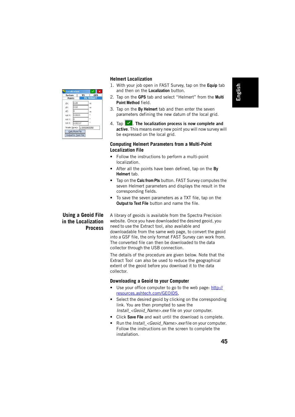 Helmert localization, Using a geoid file in the localization process, Downloading a geoid to your computer | Spectra Precision FAST Survey User Manual | Page 53 / 68