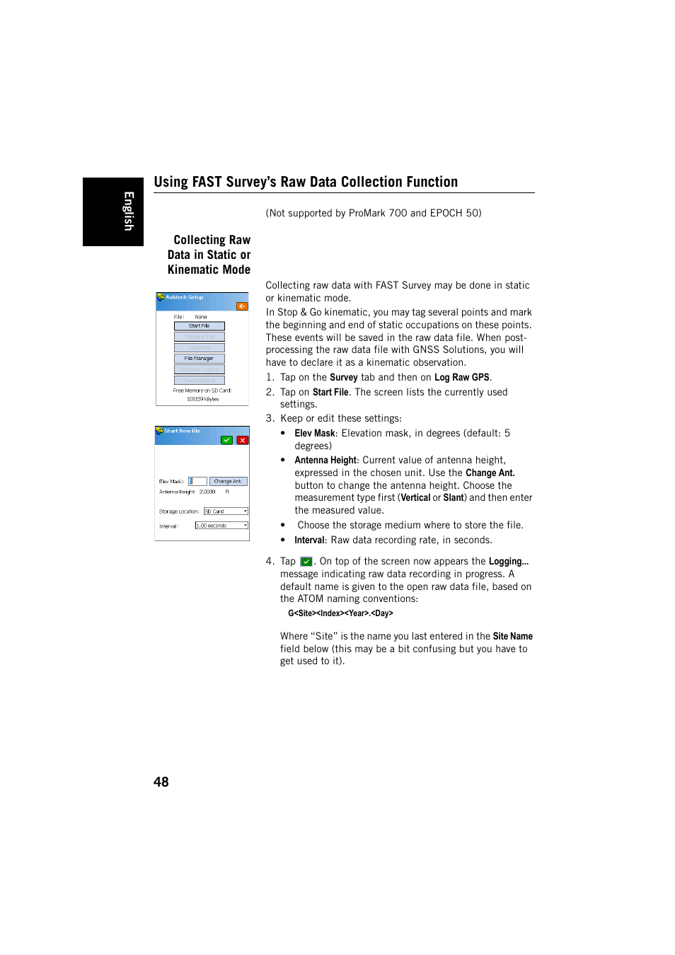 Using fast survey’s raw data collection function, Collecting raw data in static or kinematic mode | Spectra Precision FAST Survey User Manual | Page 56 / 68