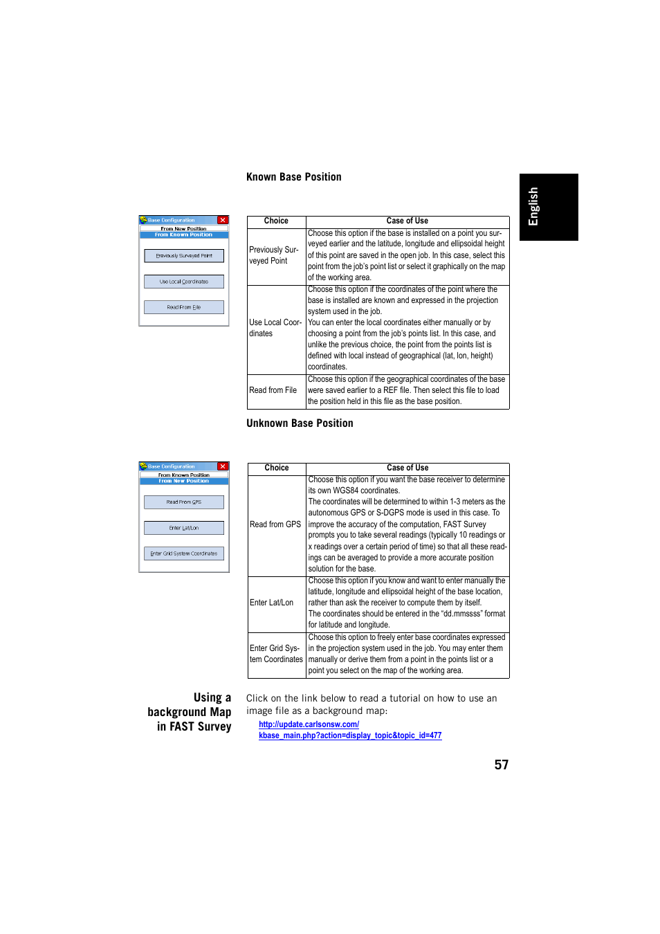 Known base position, Unknown base position, Using a background map in fast survey | Known base position unknown base position, Engl ish | Spectra Precision FAST Survey User Manual | Page 65 / 68