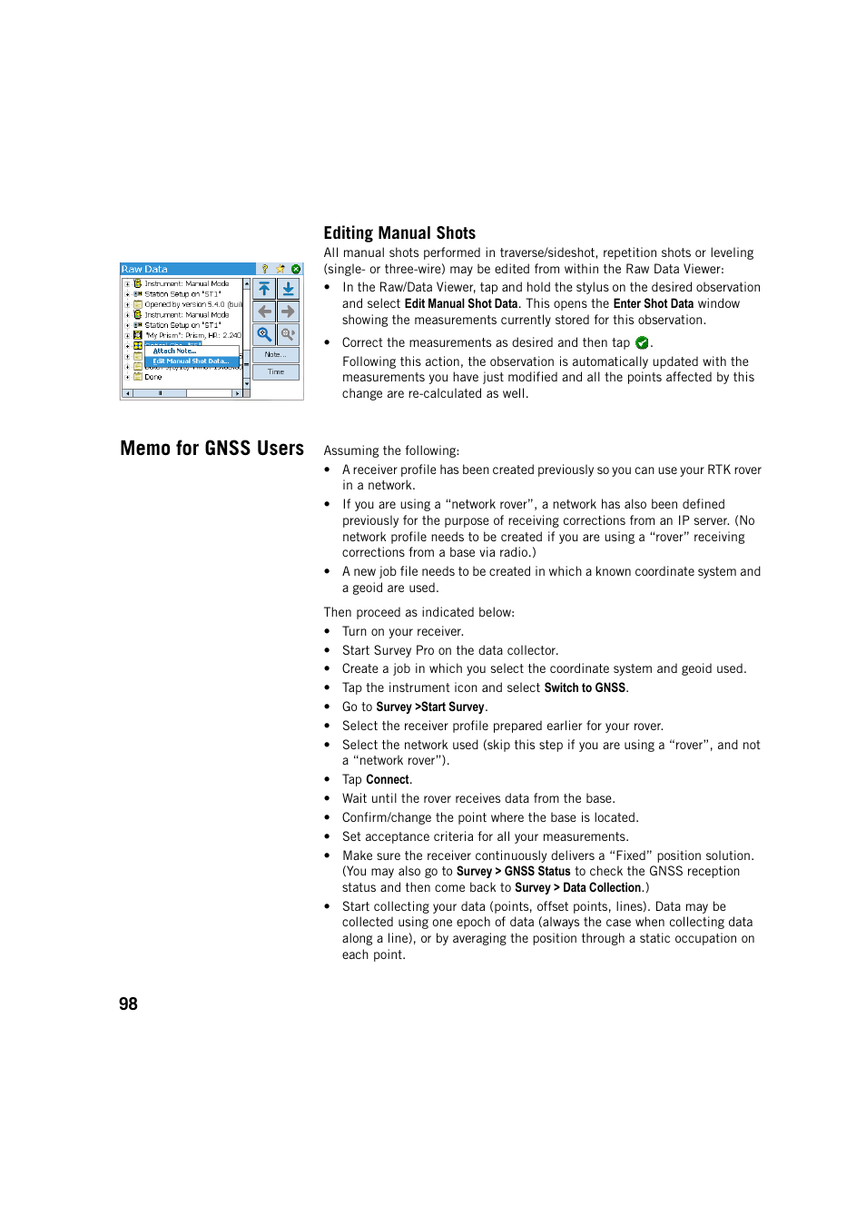 Editing manual shots, Memo for gnss users, 98 editing manual shots | Spectra Precision Survey Pro v5.4 User Manual | Page 108 / 114