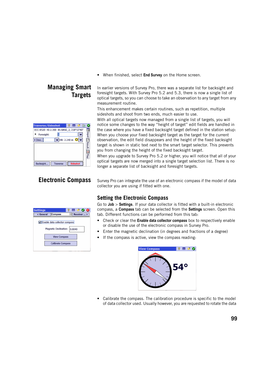 Managing smart targets, Electronic compass, Setting the electronic compass | Managing smart targets electronic compass | Spectra Precision Survey Pro v5.4 User Manual | Page 109 / 114