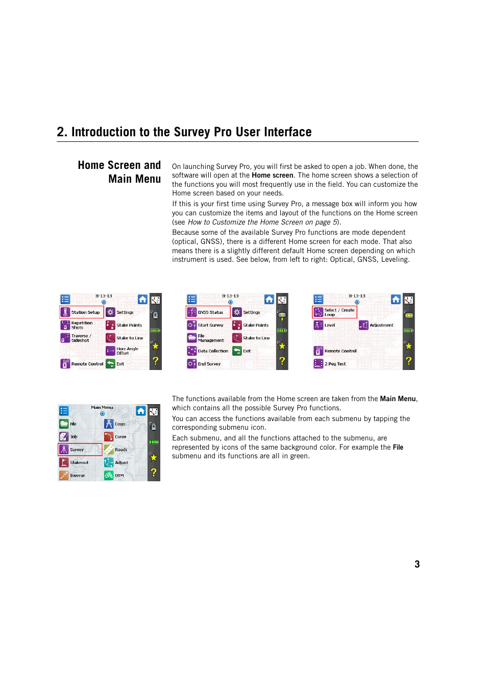 Introduction to the survey pro user interface, Home screen and main menu | Spectra Precision Survey Pro v5.4 User Manual | Page 13 / 114