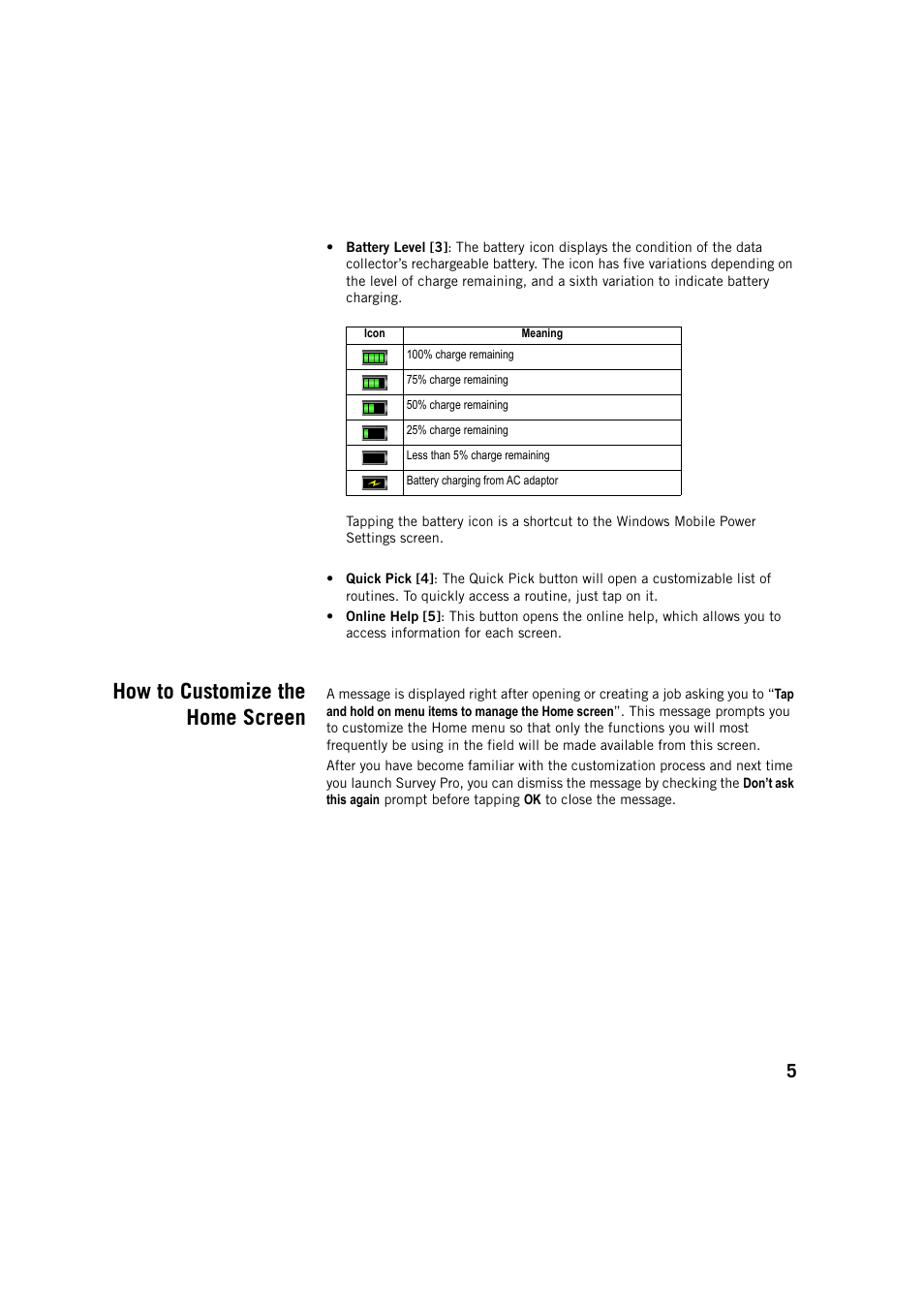 How to customize the home screen | Spectra Precision Survey Pro v5.4 User Manual | Page 15 / 114