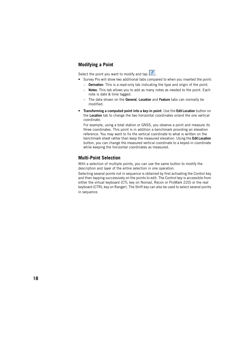 Modifying a point, Multi-point selection, Modifying a point multi-point selection | 18 modifying a point | Spectra Precision Survey Pro v5.4 User Manual | Page 28 / 114