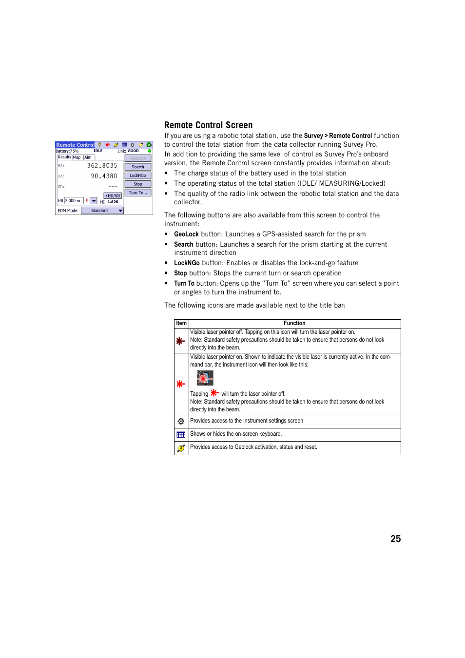 Remote control screen, 25 remote control screen | Spectra Precision Survey Pro v5.4 User Manual | Page 35 / 114