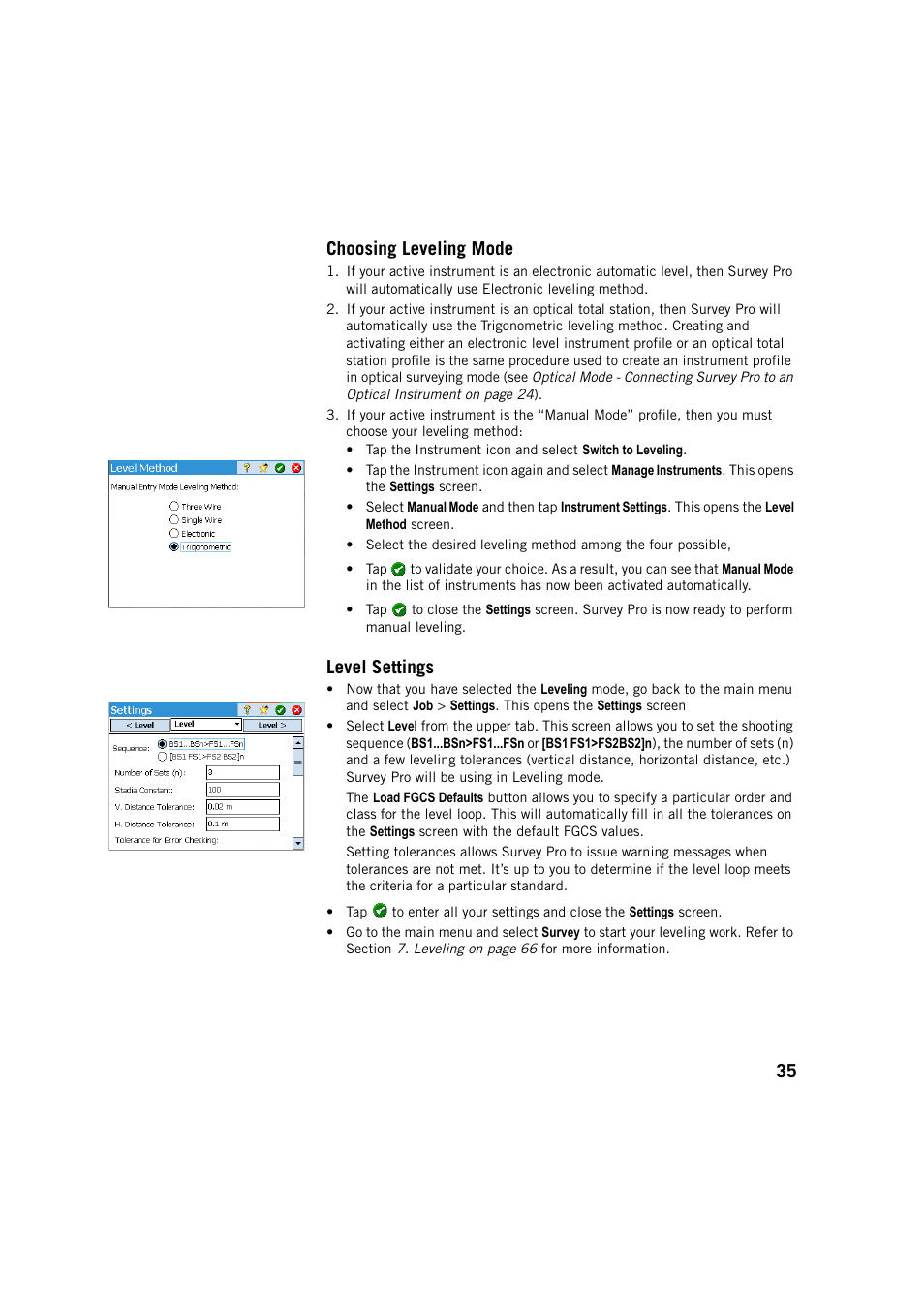 Choosing leveling mode, Level settings, Choosing leveling mode level settings | 35 choosing leveling mode | Spectra Precision Survey Pro v5.4 User Manual | Page 45 / 114