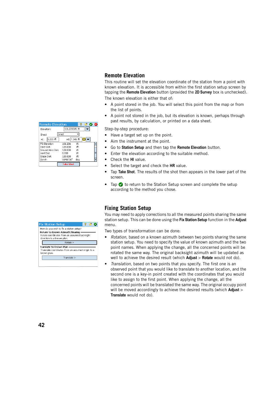 Remote elevation, Fixing station setup, Remote elevation fixing station setup | 42 remote elevation | Spectra Precision Survey Pro v5.4 User Manual | Page 52 / 114