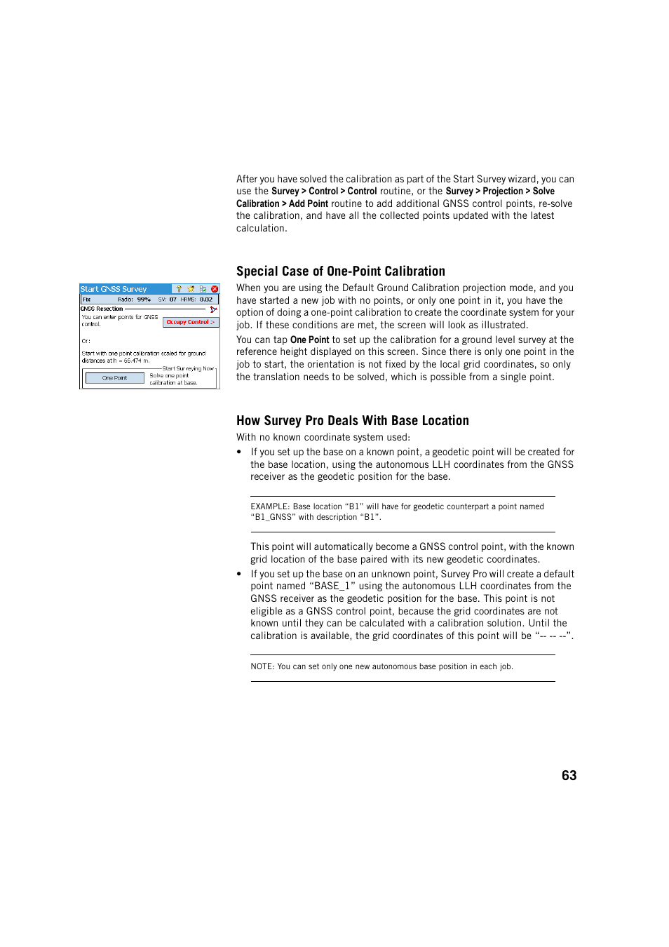 Special case of one-point calibration, How survey pro deals with base location | Spectra Precision Survey Pro v5.4 User Manual | Page 73 / 114