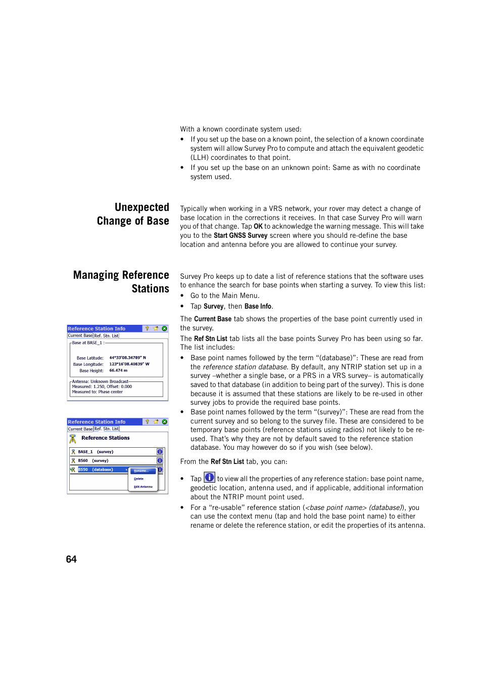 Unexpected change of base, Managing reference stations | Spectra Precision Survey Pro v5.4 User Manual | Page 74 / 114