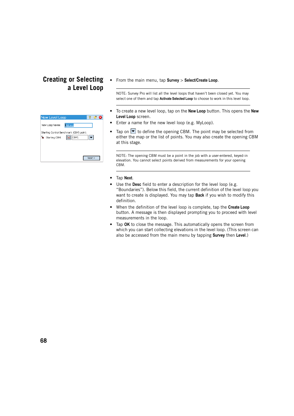 Creating or selecting a level loop | Spectra Precision Survey Pro v5.4 User Manual | Page 78 / 114