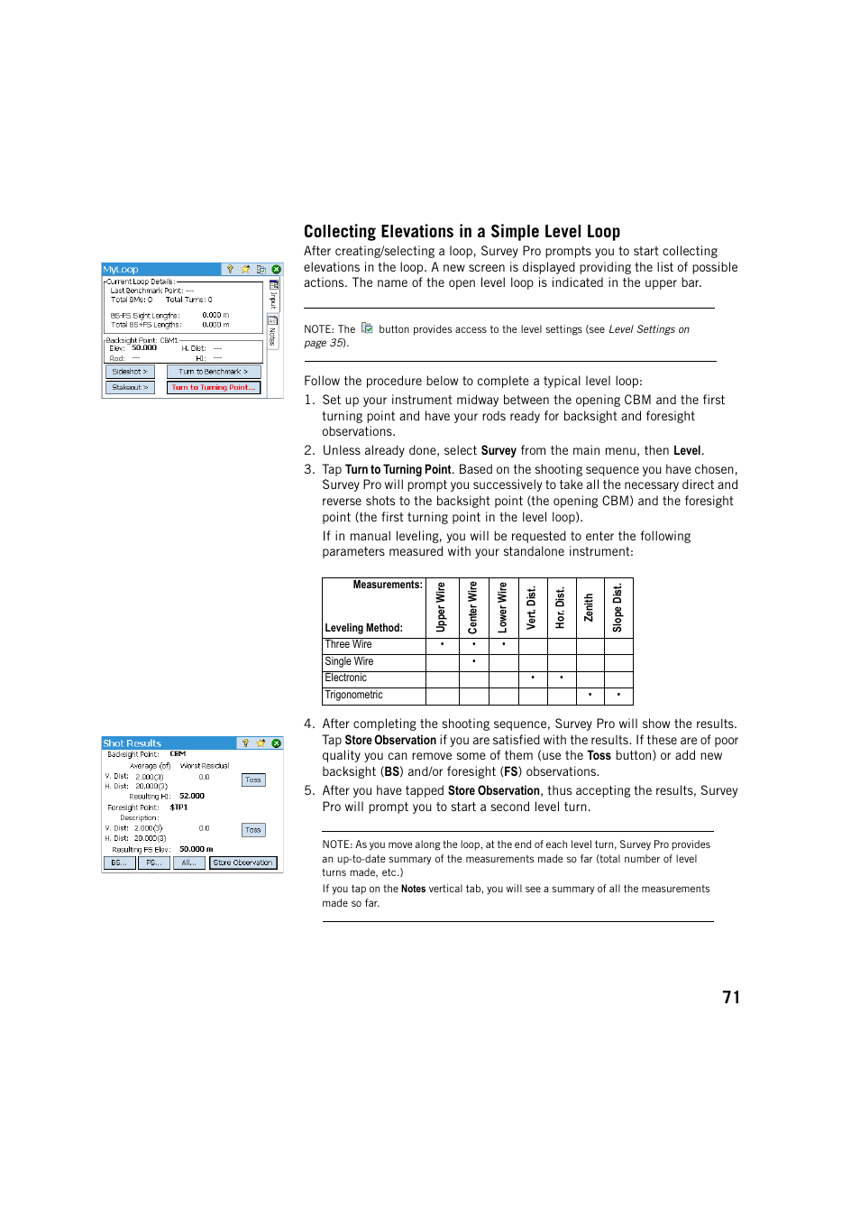 Collecting elevations in a simple level loop, 71 collecting elevations in a simple level loop | Spectra Precision Survey Pro v5.4 User Manual | Page 81 / 114