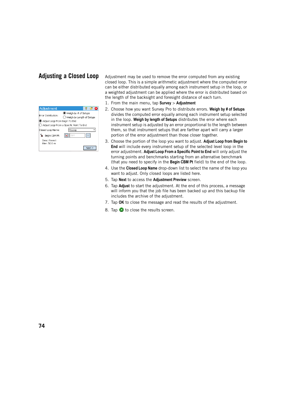 Adjusting a closed loop | Spectra Precision Survey Pro v5.4 User Manual | Page 84 / 114