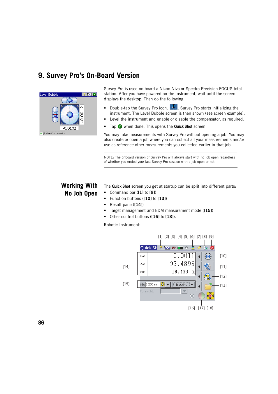 Survey pro’s on-board version, Working with no job open | Spectra Precision Survey Pro v5.4 User Manual | Page 96 / 114