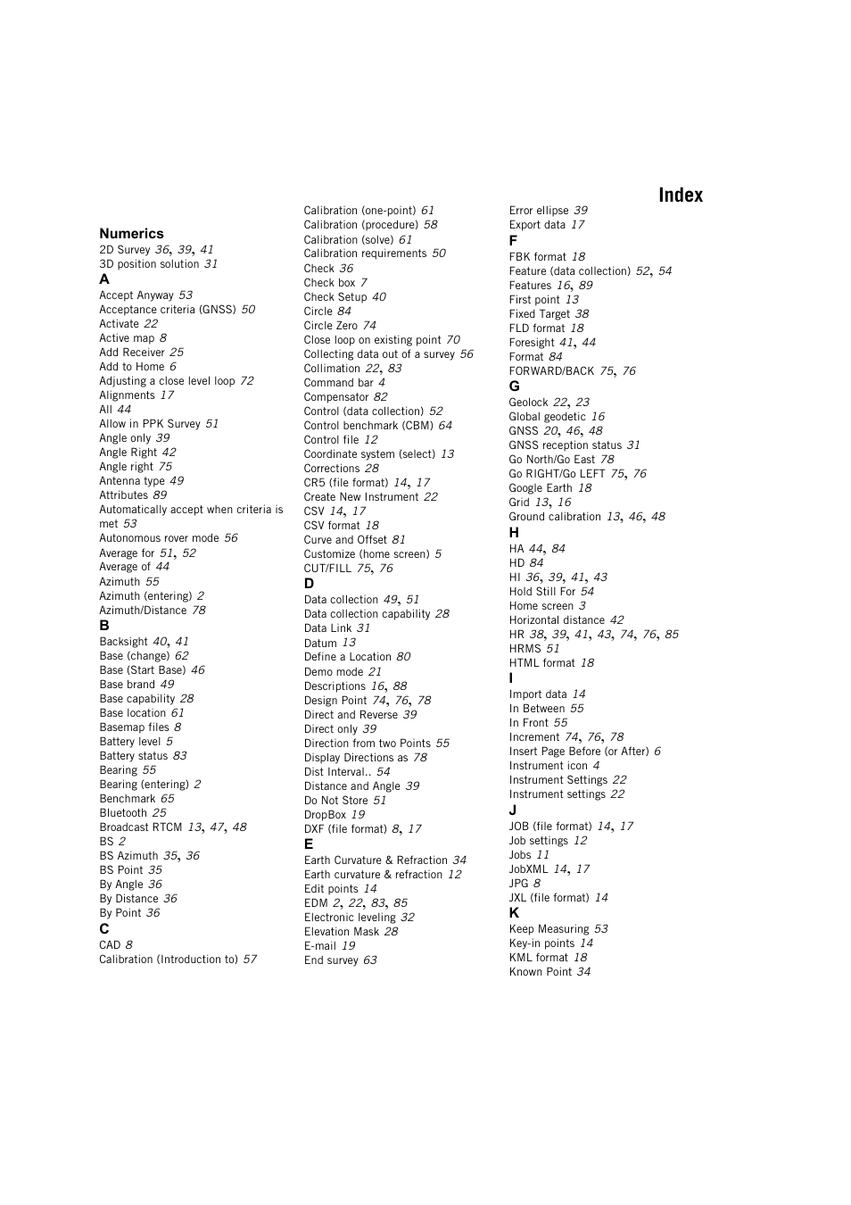 Index | Spectra Precision Survey Pro v5.3 User Manual | Page 103 / 106