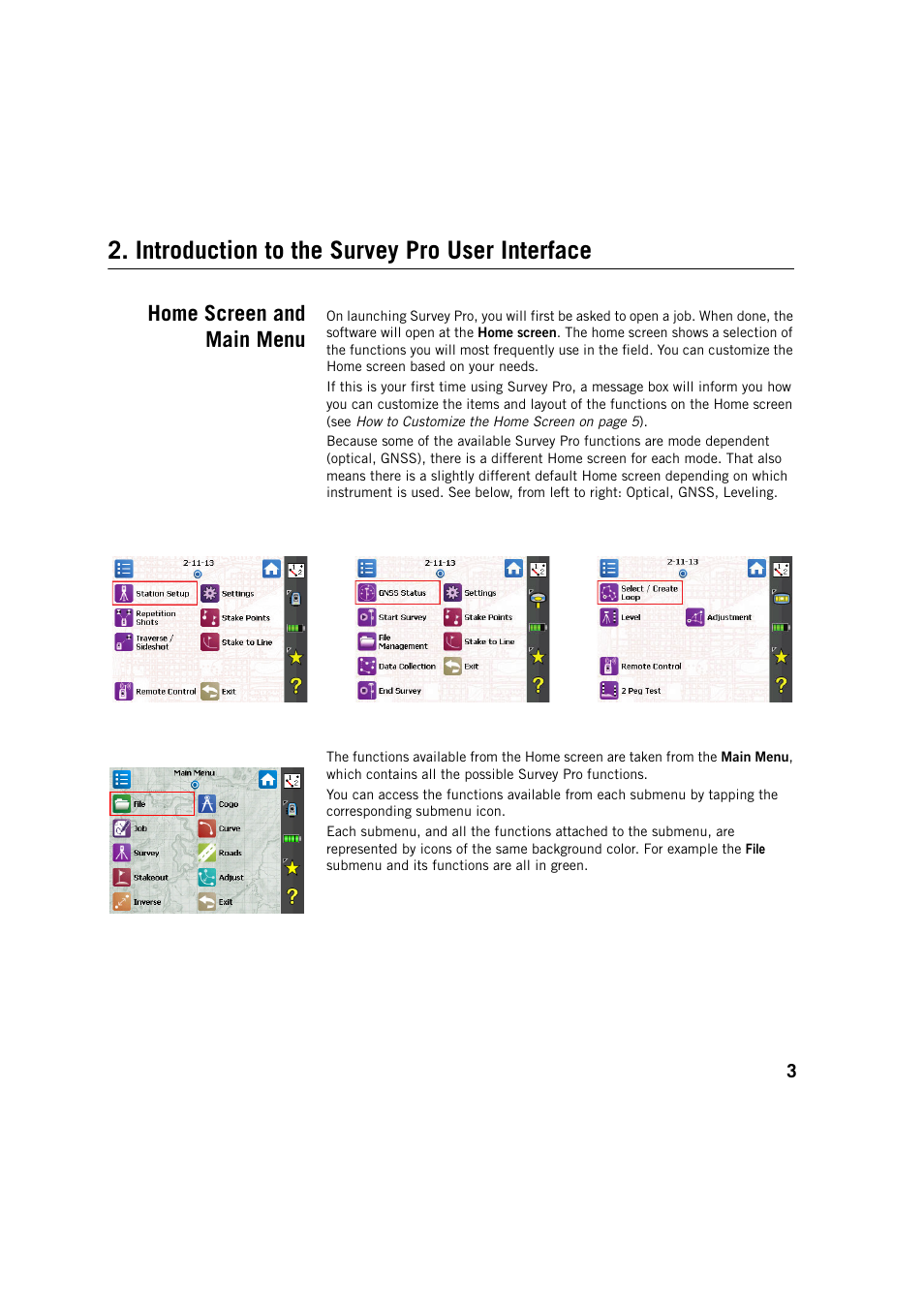 Introduction to the survey pro user interface, Home screen and main menu | Spectra Precision Survey Pro v5.3 User Manual | Page 11 / 106