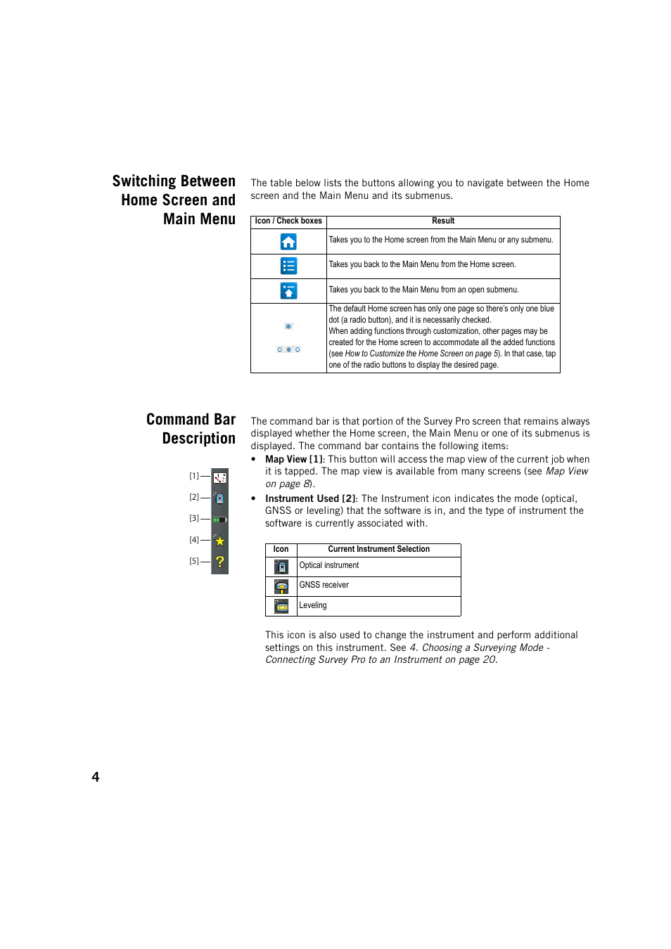 Switching between home screen and main menu, Command bar description | Spectra Precision Survey Pro v5.3 User Manual | Page 12 / 106