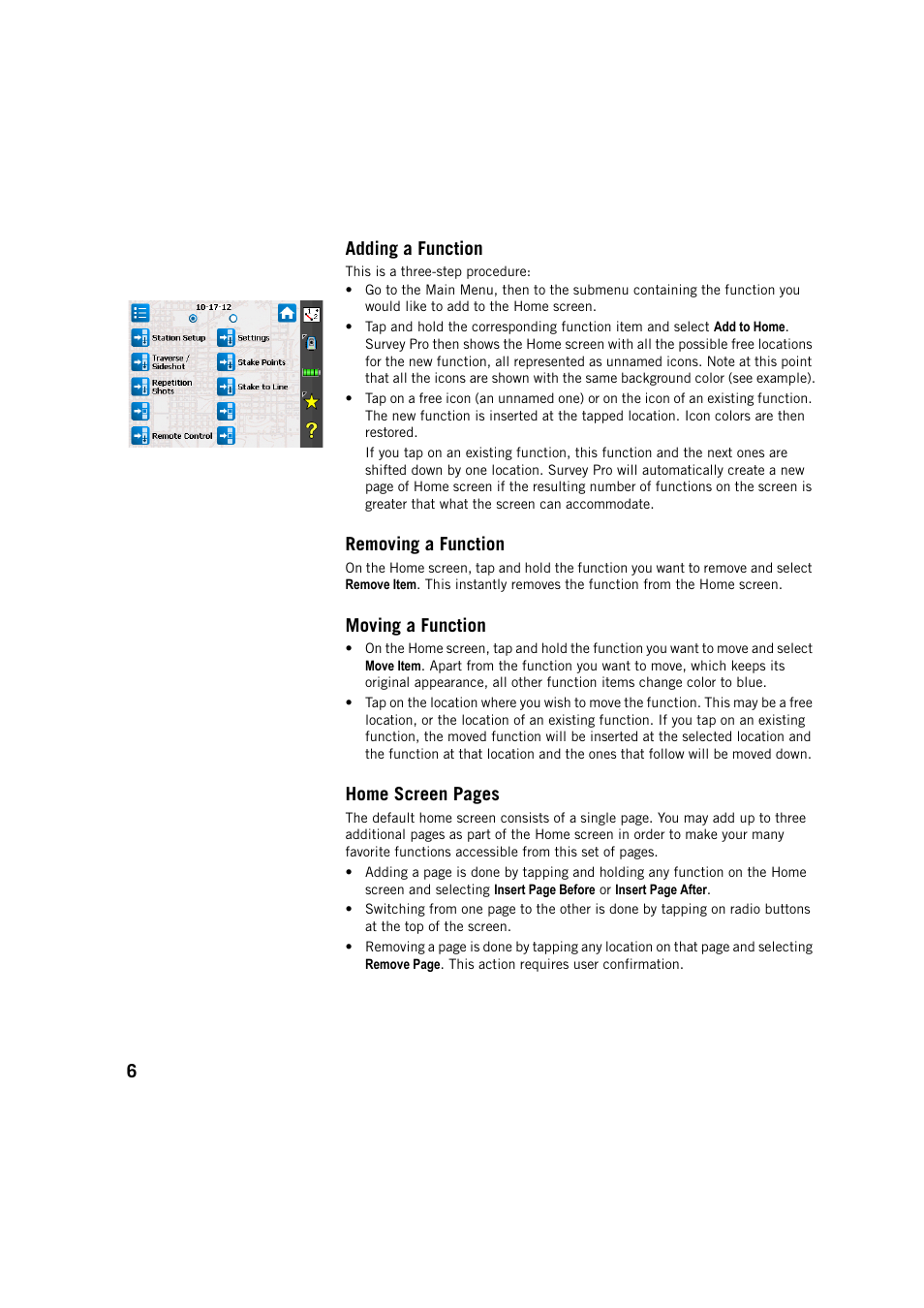 Adding a function, Removing a function, Moving a function | 6adding a function, Home screen pages | Spectra Precision Survey Pro v5.3 User Manual | Page 14 / 106