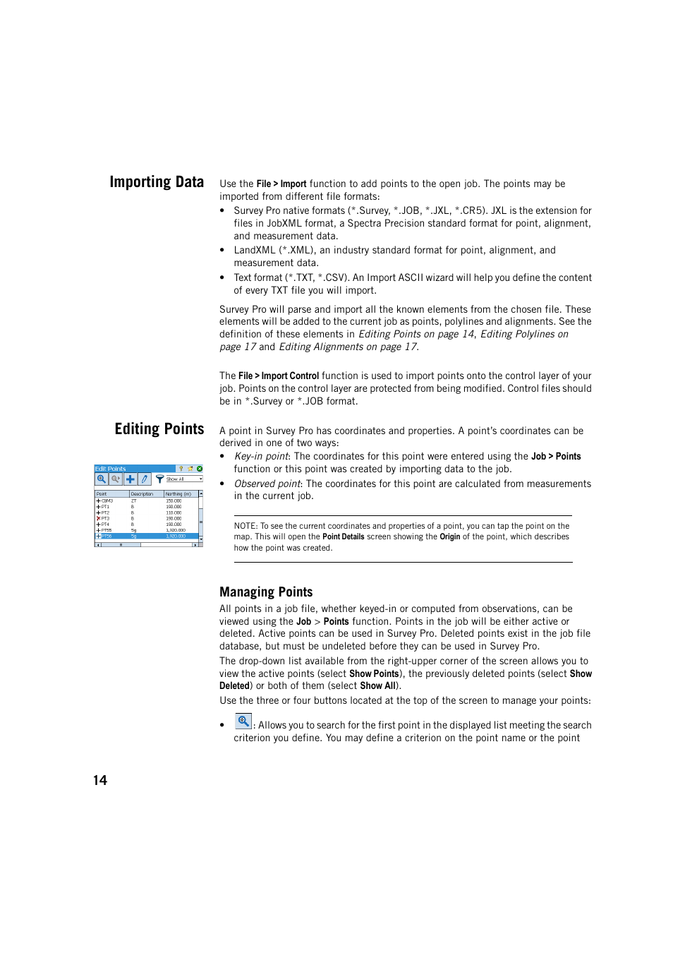 Importing data, Editing points, Managing points | Importing data editing points | Spectra Precision Survey Pro v5.3 User Manual | Page 22 / 106