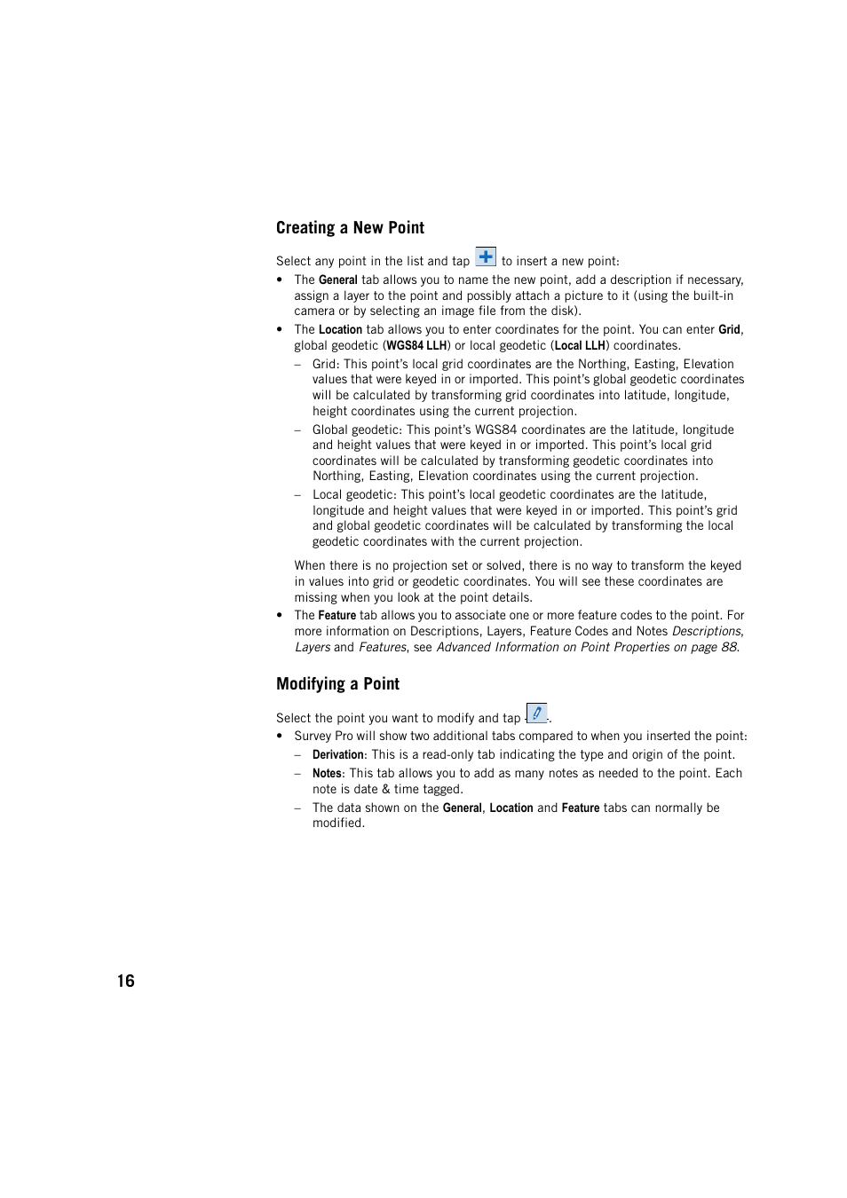 Creating a new point, Modifying a point, Creating a new point modifying a point | 16 creating a new point | Spectra Precision Survey Pro v5.3 User Manual | Page 24 / 106