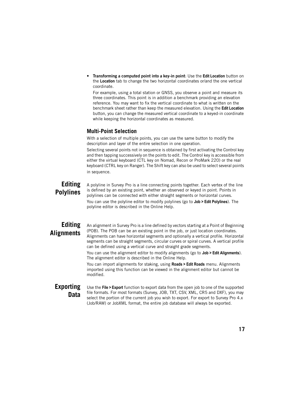 Multi-point selection, Editing polylines, Editing alignments | Exporting data | Spectra Precision Survey Pro v5.3 User Manual | Page 25 / 106