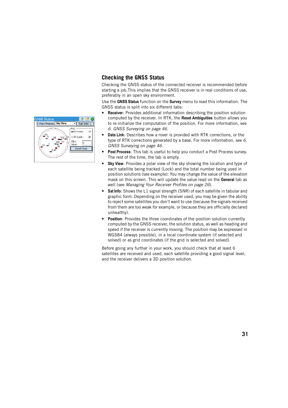 Checking the gnss status, 31 checking the gnss status | Spectra Precision Survey Pro v5.3 User Manual | Page 39 / 106